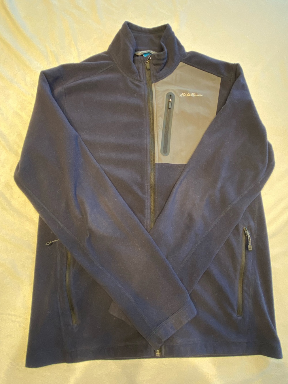 Eddie Bauer Navy Lightweight Full-Zip Fleece Jacket with Contrast Chest Panel